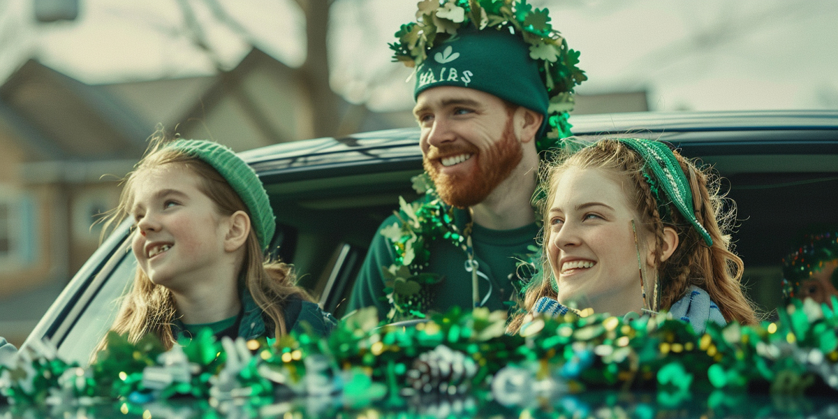 Family enjoying a ride in a car on St. Patrick's Day in London