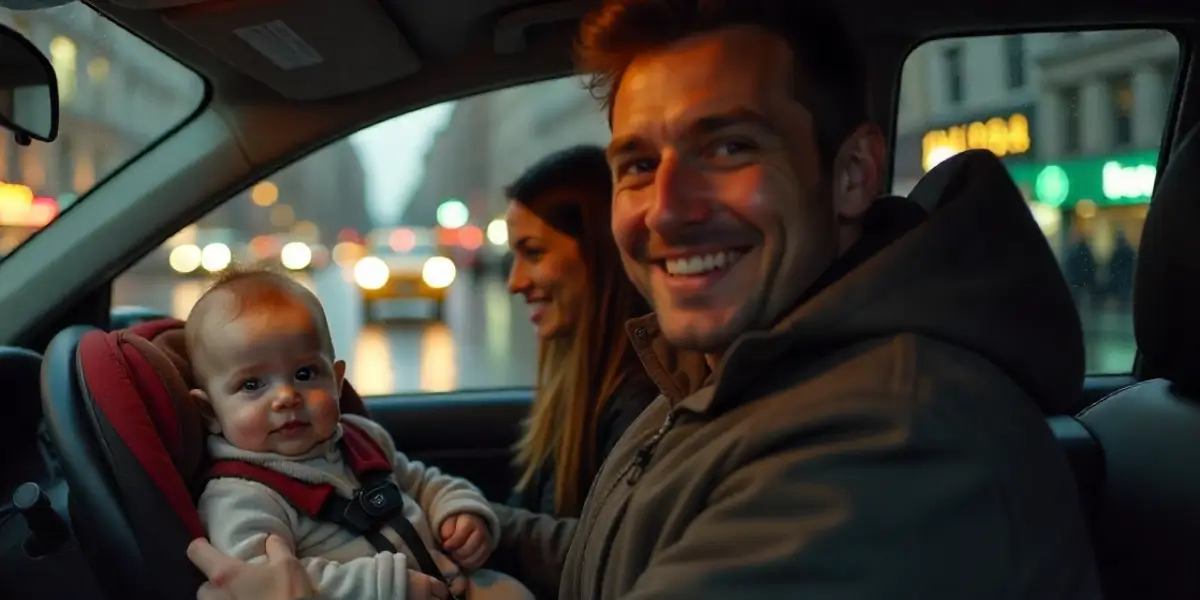 family sitting in a taxi