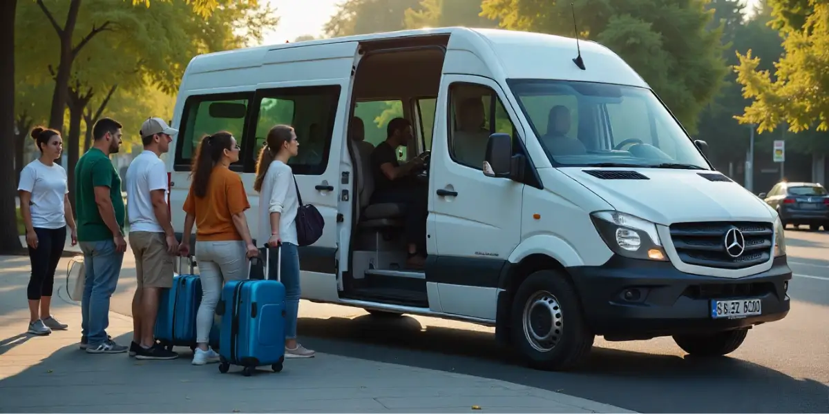 travellers outside a minibus