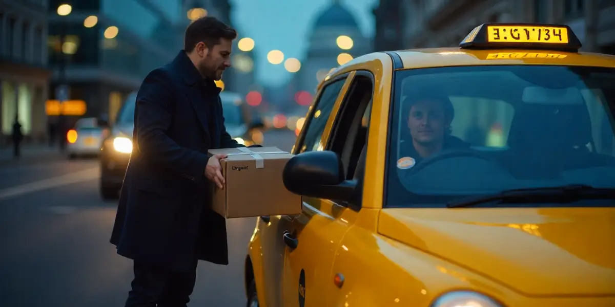 man handing over parcel to taxi driver