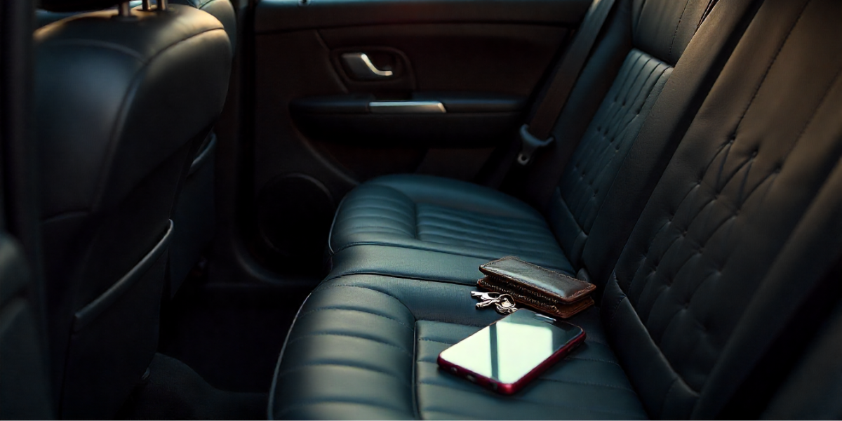 phone, wallet and keys on a car seat
