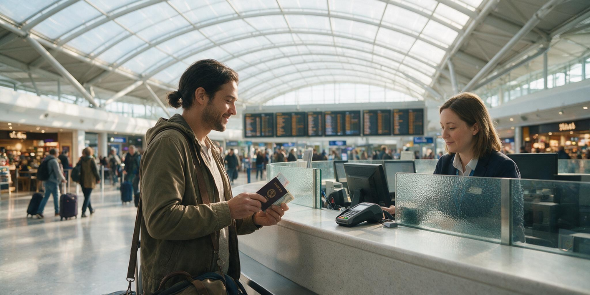A passenger get currency exchange at Gatwick Airport.