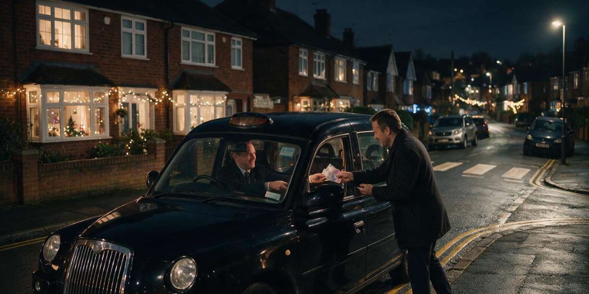 A passenger paying his taxi fare to the taxi driver.