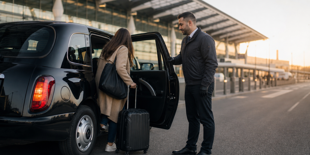A female passenger is sitting inside an advanced, pre-booked taxi at the airport, while the taxi driver is standing holding the door.