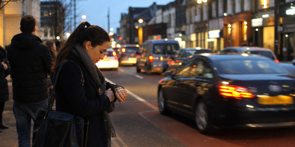 Female passenger waiting for the taxi during peak hours.